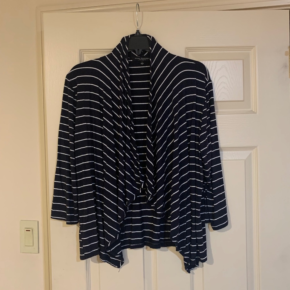 Green Envelope Los Angeles Navy Blue/White Striped Open Front Draped Cardigan sz